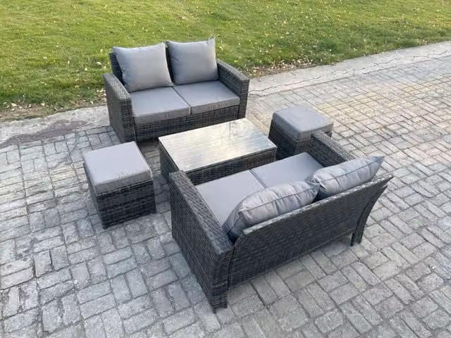 Fimous 6 Seater Grey Wicker Rattan Garden Furniture Set with Rectangular Coffee Table, Double Seat Sofa and 2 Footstools
