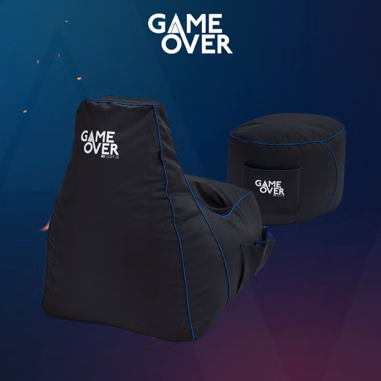 Game Over Store Cerulean Lightning High Back Video Gaming Bean Bag Chair with Footstool in Blue and Black Synthetic Leather
