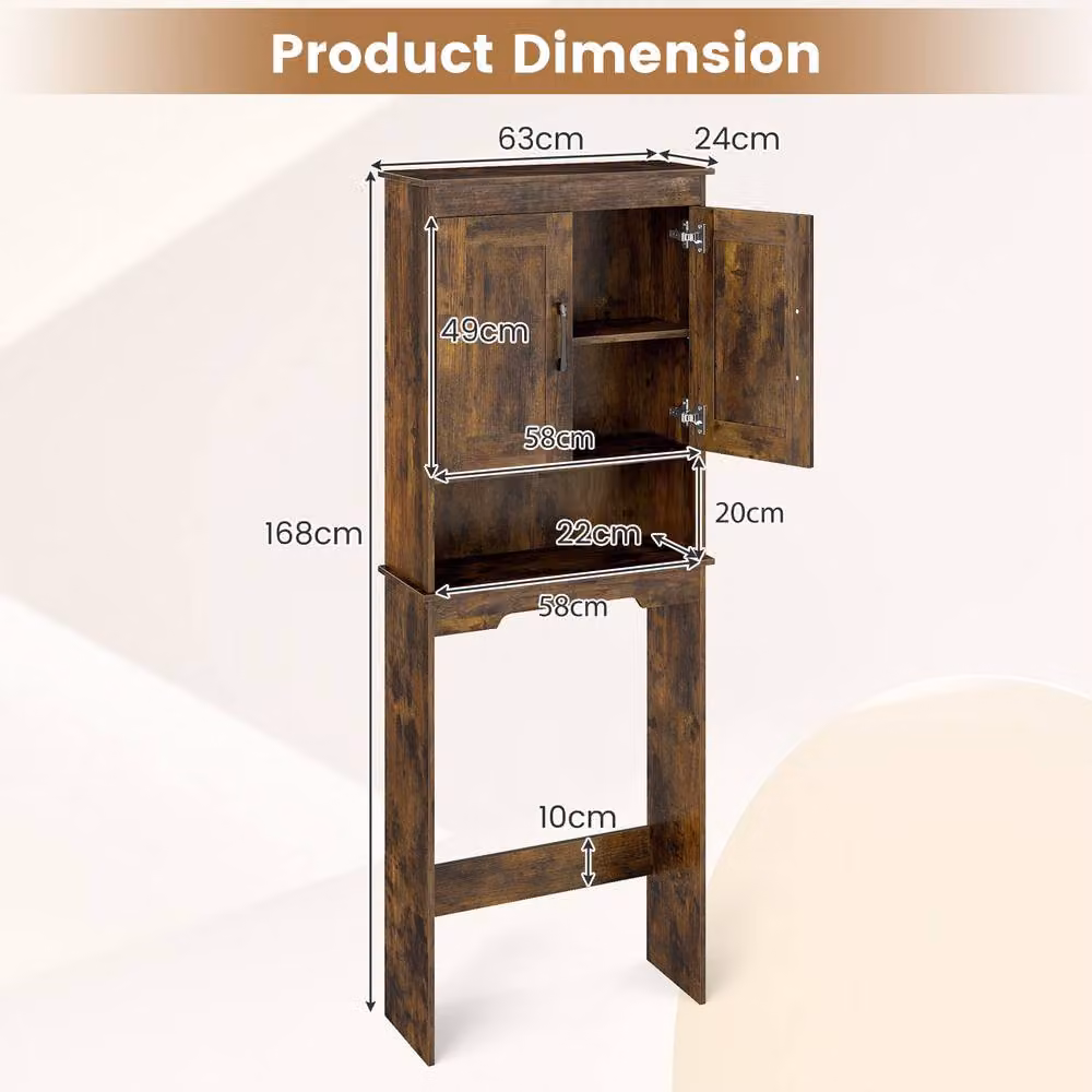 Costway Freestanding Over The Toilet Storage Cabinet with Hinged Doors and Open Shelf in Brown Rustic Wood – 2