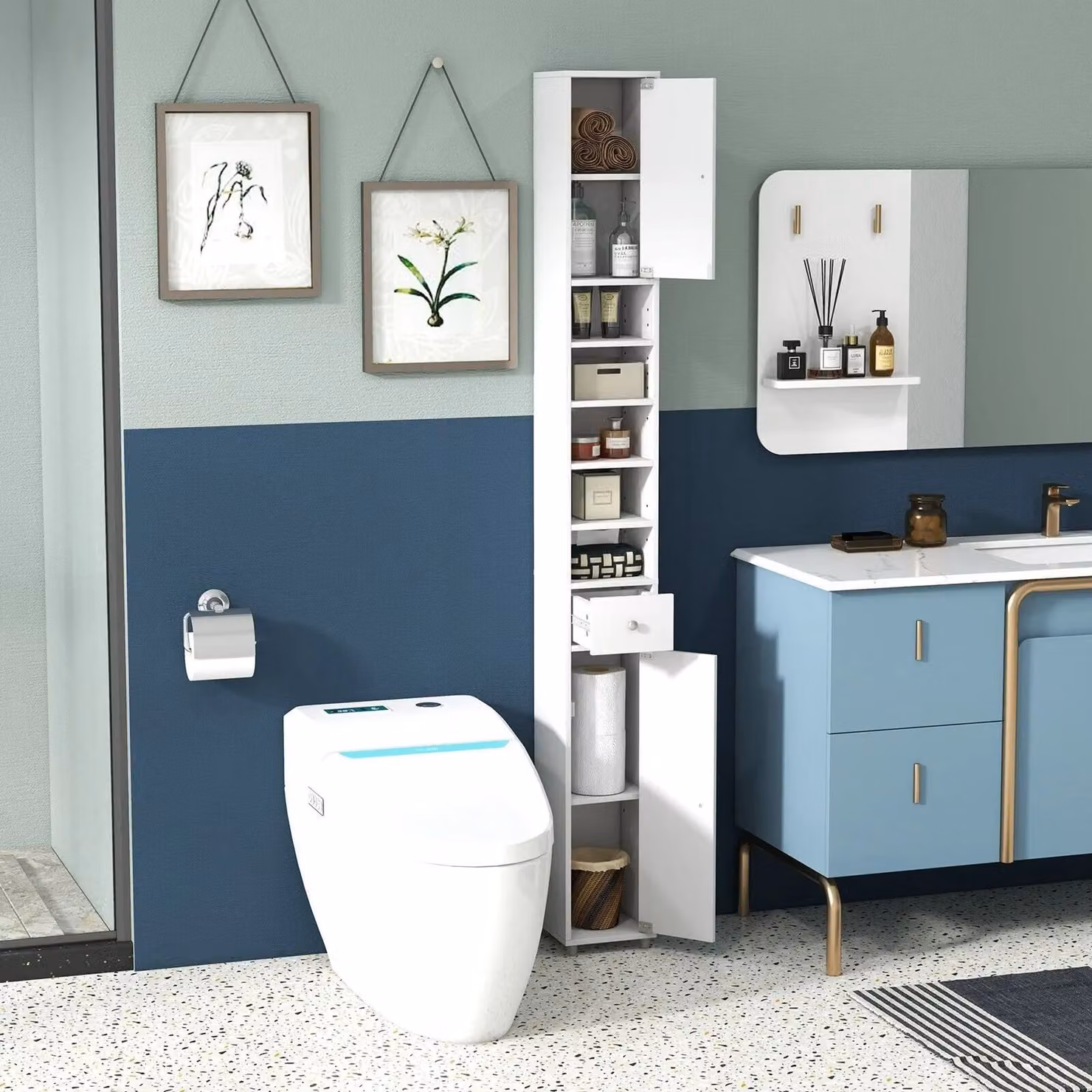 Gymax Slim White Bathroom Tall Cabinet with 2 Hinged Doors and Adjustable Internal Shelves – 3