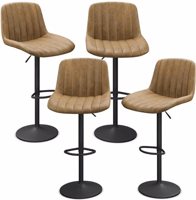 URBNLIVING Set of 4 Ribbed PU Leather Bar Stools with Backrest and Footrest in Tan