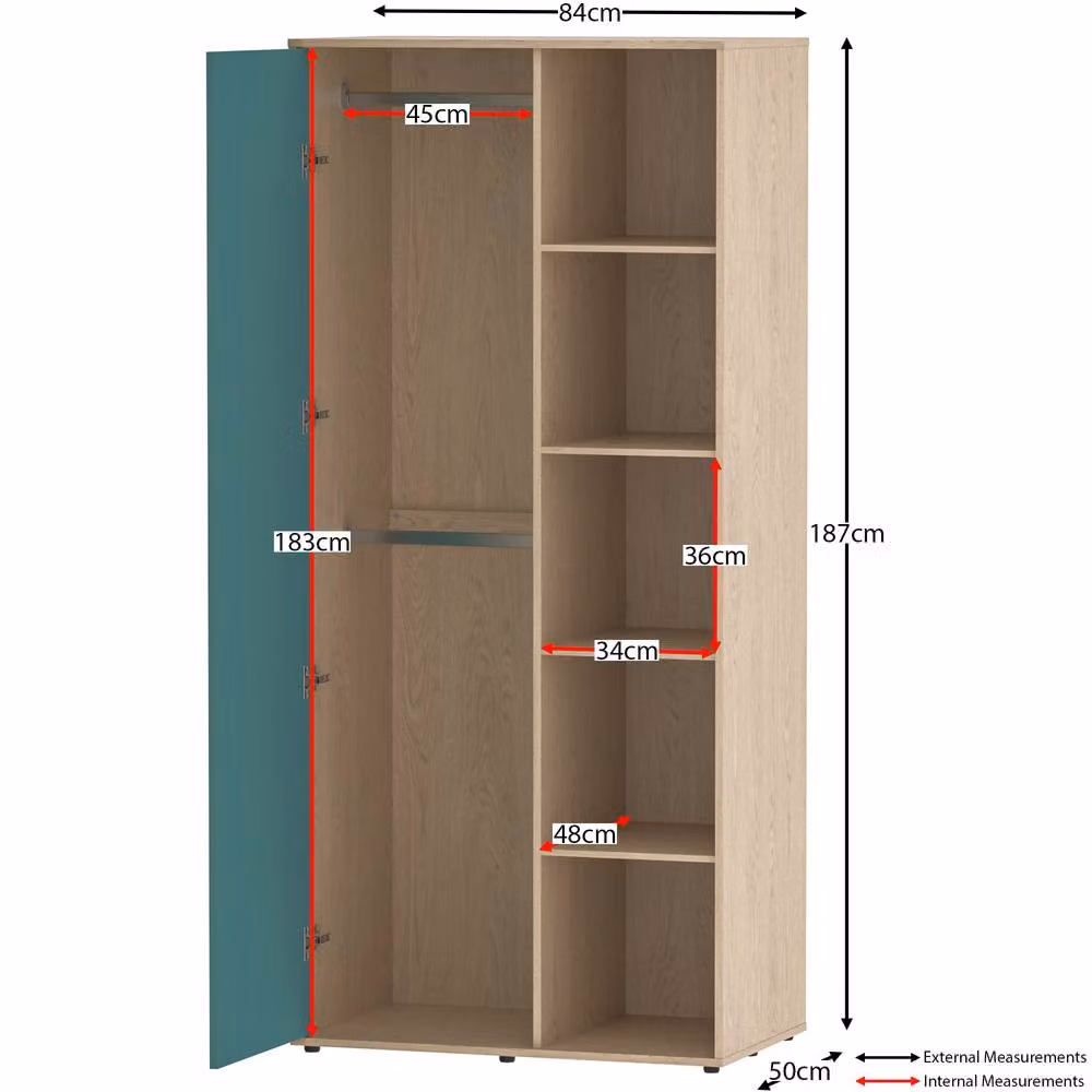 HD Designs Neptune 1 Door Wardrobe with 5 Shelves and Hanging Rod in Blue – 2