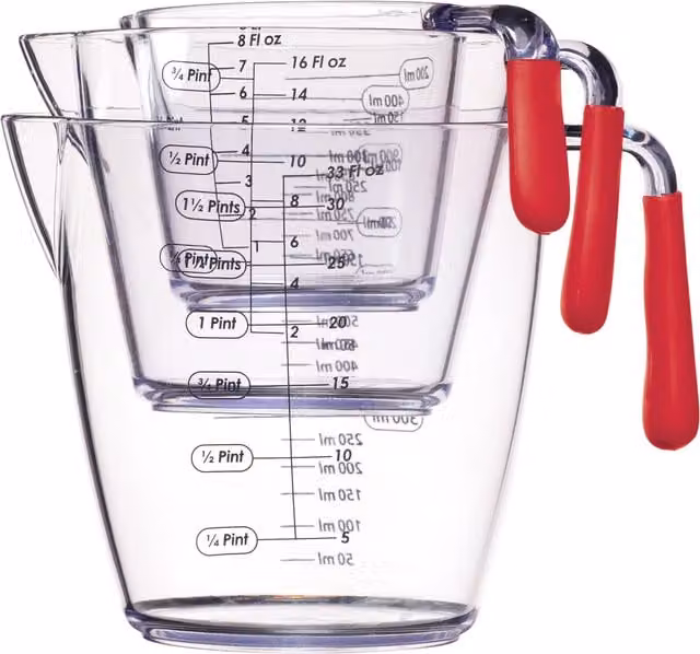 Kitchen Craft Three Piece Nesting Measuring Jug Set, Red and Transparent Plastic