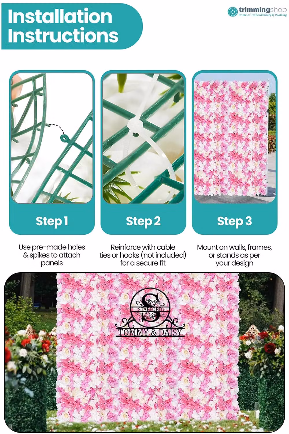 Neel Blue Pink Artificial Floral Wall Panel Decorative Wedding Photography Backdrop W/D/H: 60 x 40 x 1 cm – 2