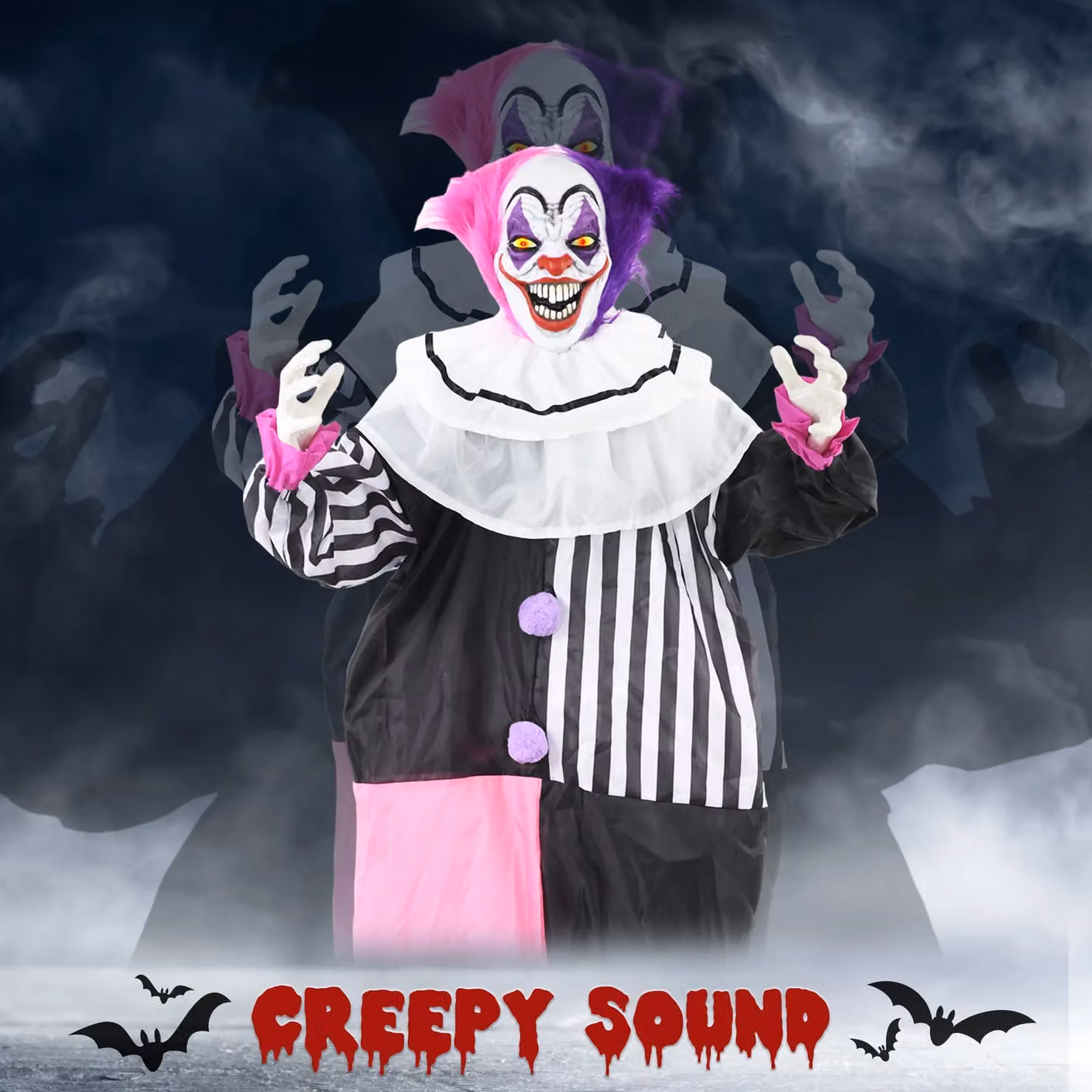 HOMCOM Halloween Clown Animatronic Prop with Light Up Eyes in Multicolour Striped Textile – 3