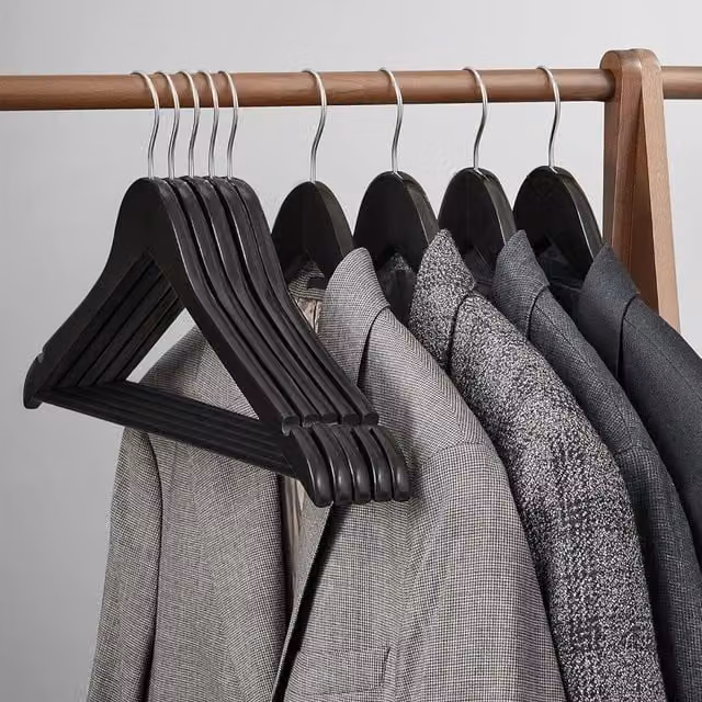 The Bazaarist Set of 20 Black Wooden Clothes Hangers with Non-Slip Trouser Bar and Rotating Hooks