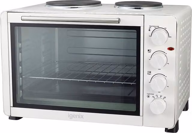 Igenix Tabletop Mini Oven and Grill with Double Hotplate, 45 l, White