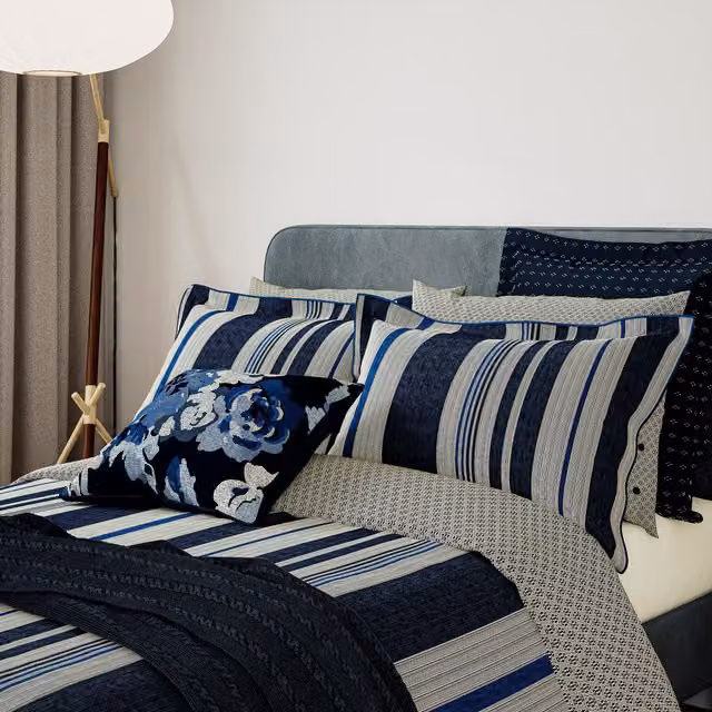 Bedeck of Belfast Imara Super Kingsize Cotton Mako Satin Duvet Cover and Pillowcase Set, Blue Striped, W: 200 x H: 200 cm