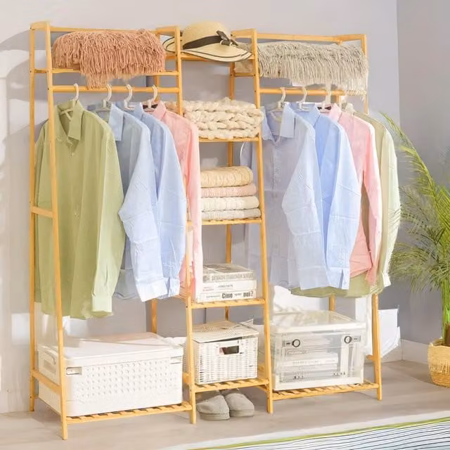 Pirlo Plush Bamboo Clothes Rack and Shoe Cabinet in Brown, H 140 x W 53 x D 31.5 cm – 1
