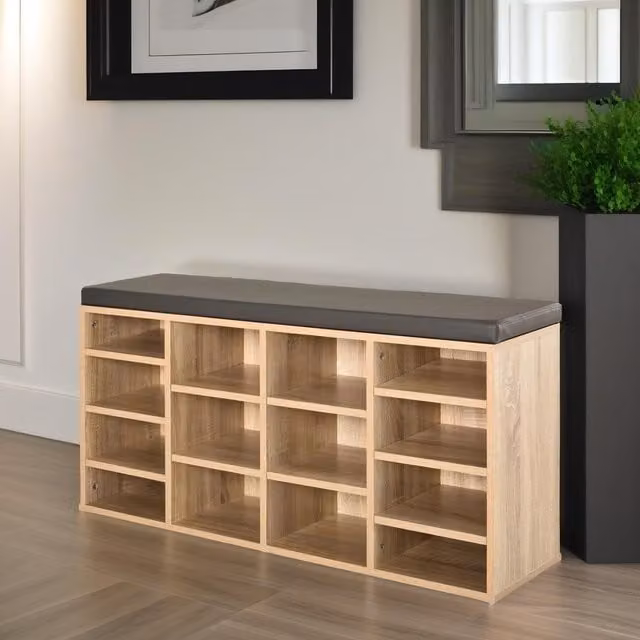 Pirlo Plush Industrial Shoe Storage Bench with Cushion Seat in Sand