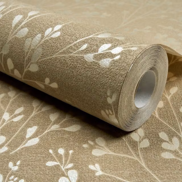 Grandeco Calluna Botanical Floral Blown Vinyl Wallpaper in Beige