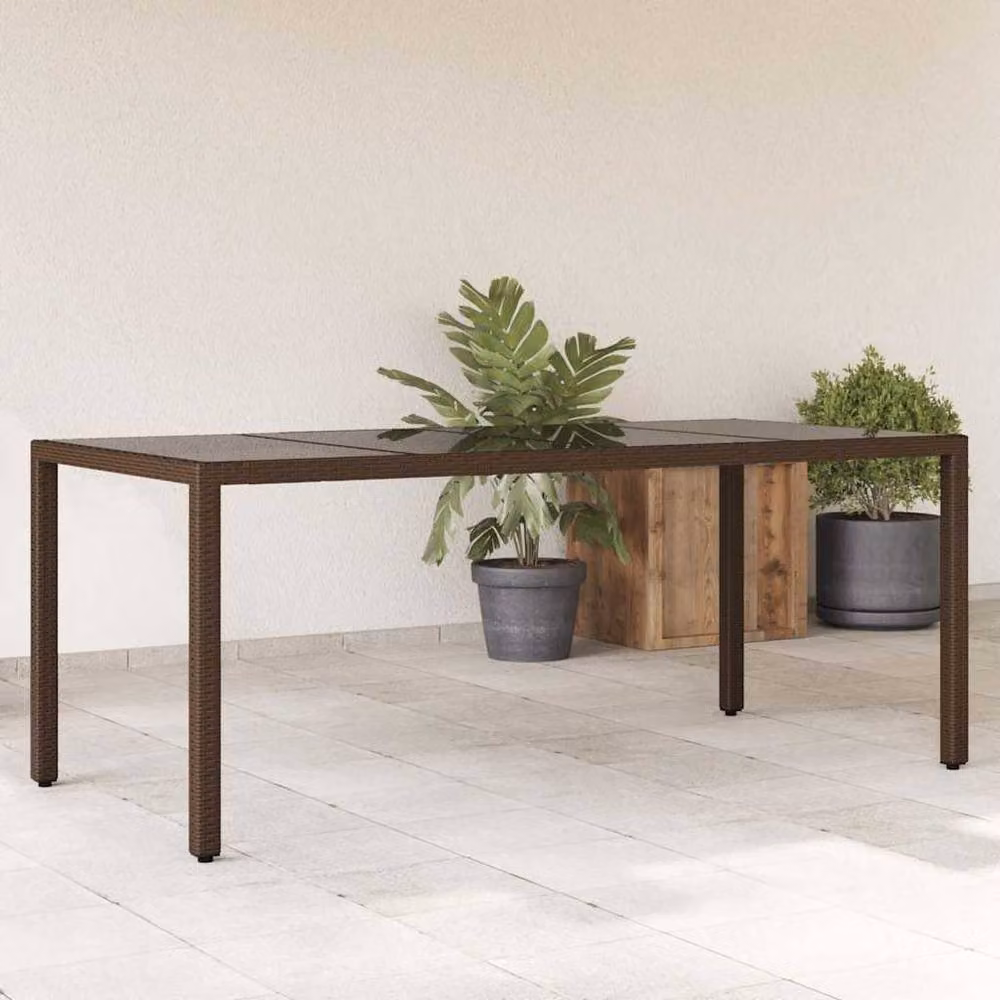 Berkfield Home Brown Poly Rattan Garden Table with Glass Top, W: 190 cm, D: 90 cm, H: 75 cm – 2