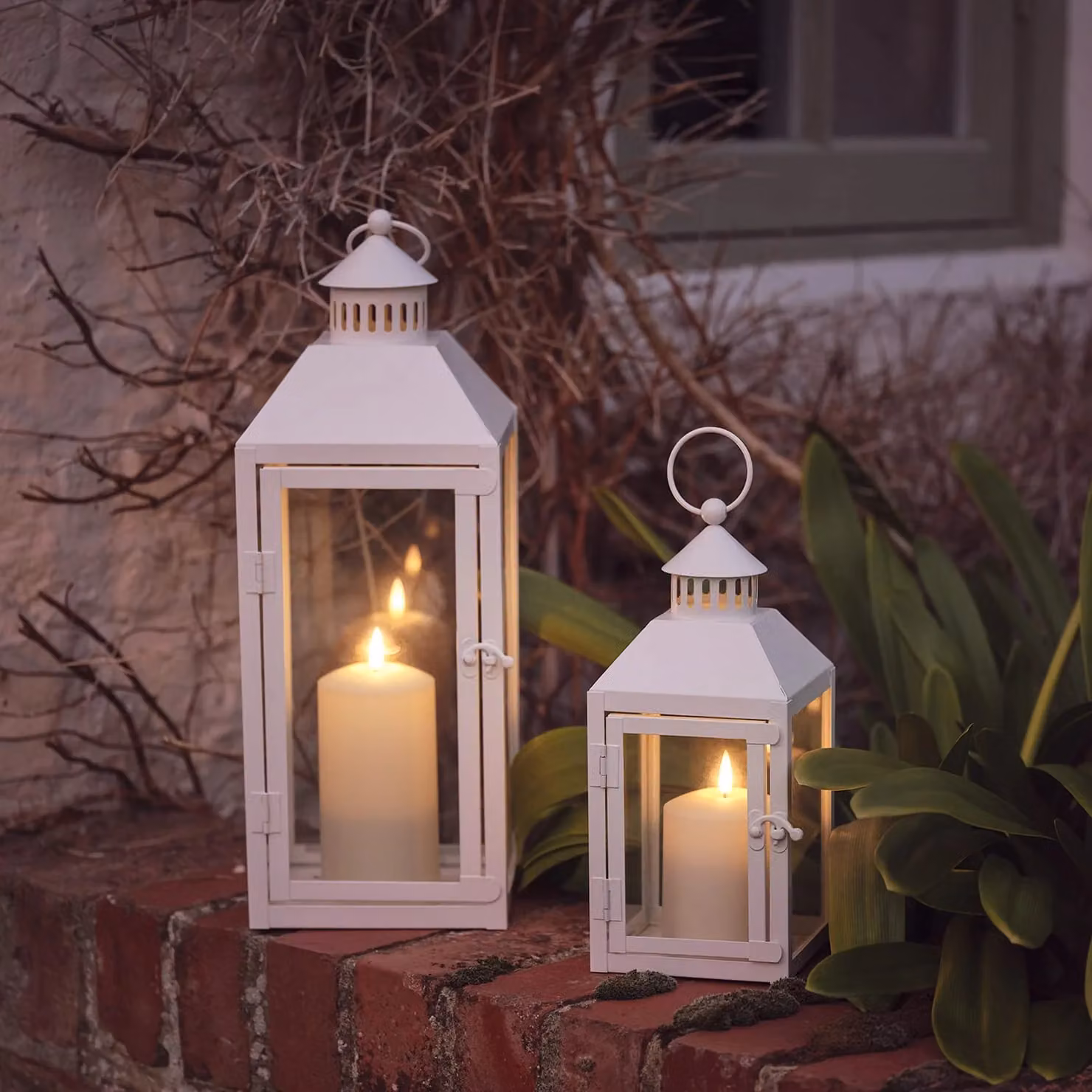 Lights4fun Set of 2 White Metal Decorative TruGlow Battery Operated Candle Lanterns with Remote Control and Timer for Indoor and Outdoor Use – 1