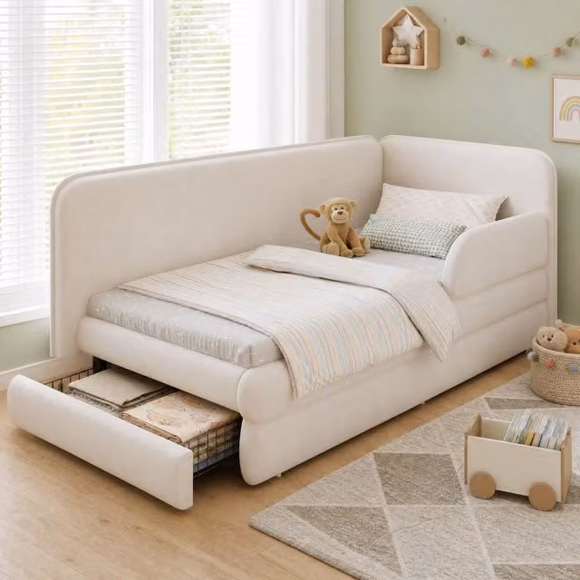 STILVORA Modern Upholstered Single Bed Frame with Storage Drawers in Beige Velvet, W/D/H: 90 x 190 x 80 cm