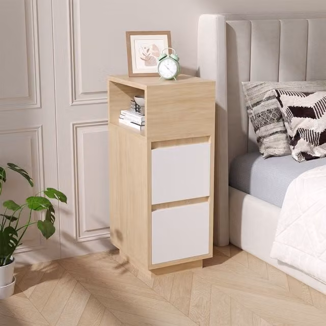 Living and Home Minimalist Bedside Table with Drawers in Beige Wood – 1