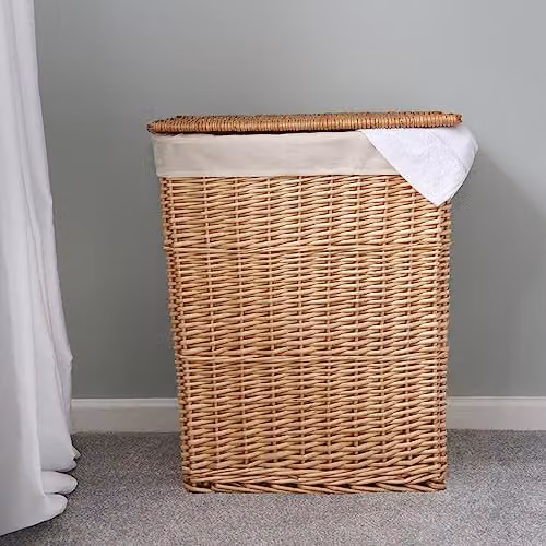 JVL Set of 2 Hand Woven Acacia Rectangular Laundry Baskets and 2 Waste Paper Baskets with Lids and Removable Bags, Honey Finish, Brown – 2