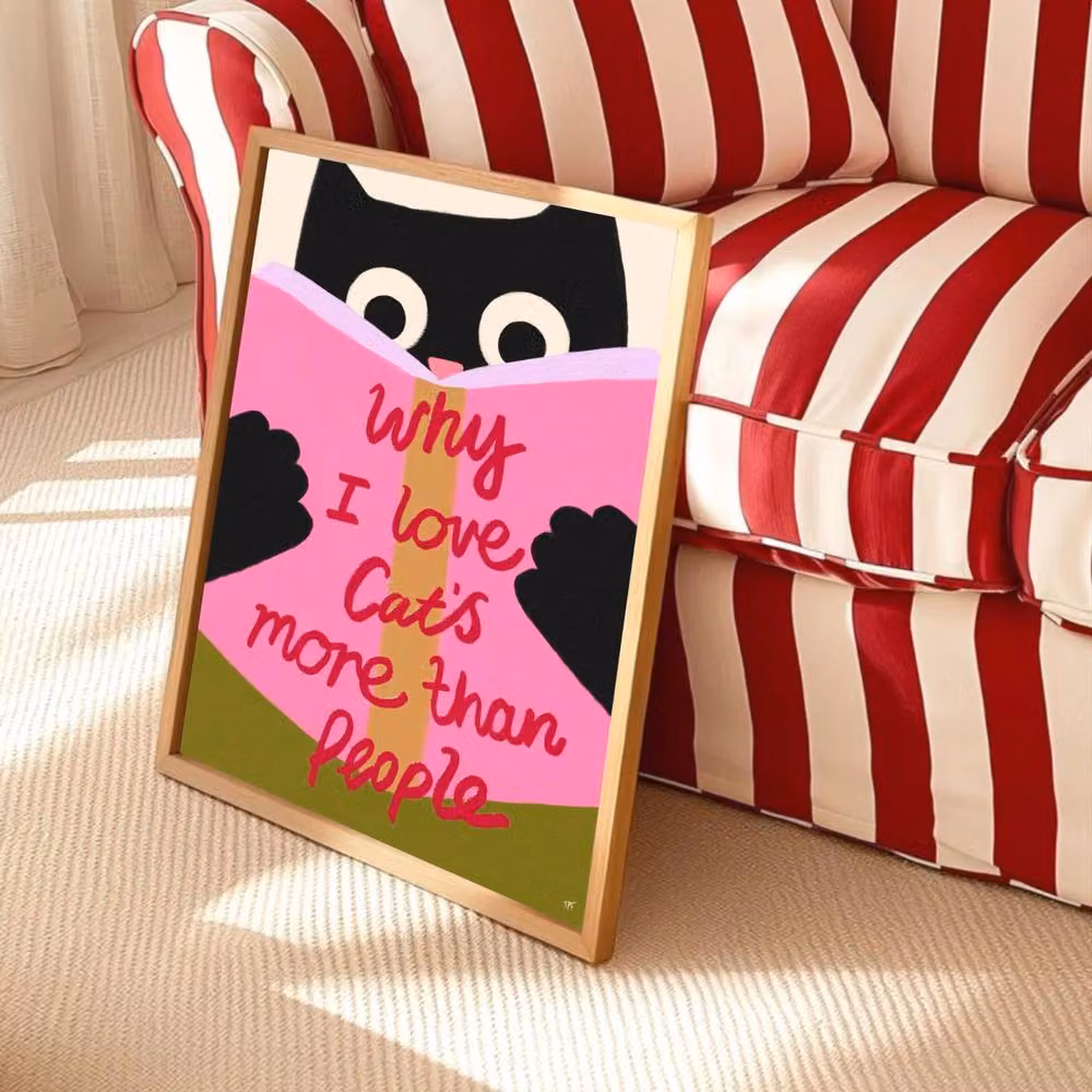 The Paper Tail Reading Cat Funny Black Cat Art Print, Multicolour, A5 – 2