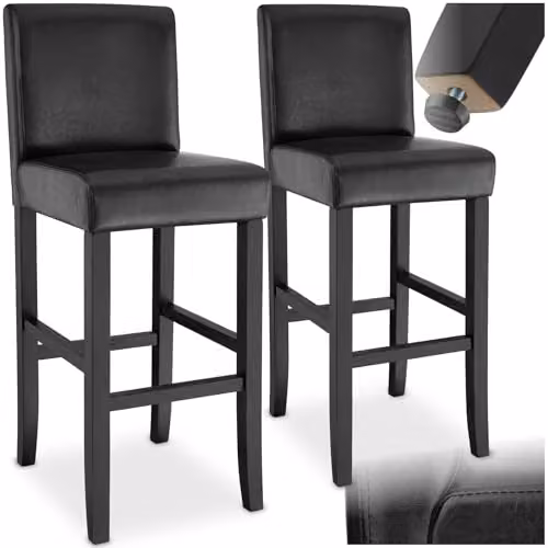 tectake Set of 2 Dover Bar Stools in Black with Synthetic Leather and Glossy Wood Legs