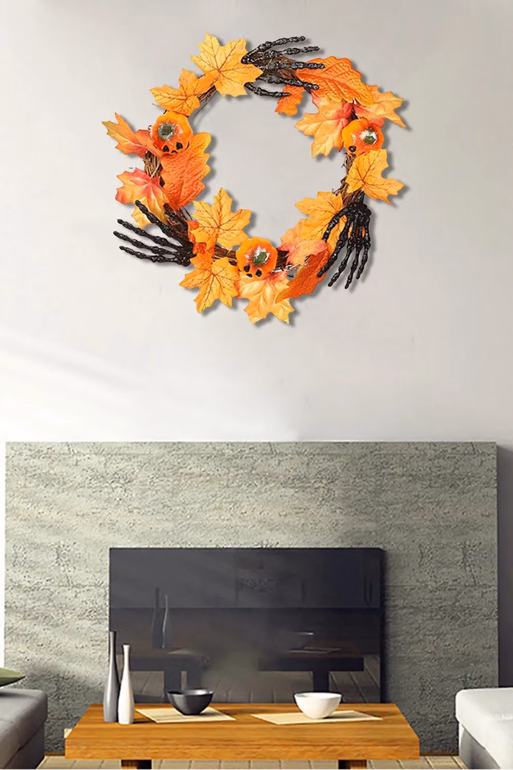 Living and Home Orange and Black Halloween Wreath with Pumpkin and Creepy Hand Door Hanging Decoration, Diameter: 40 cm – 3