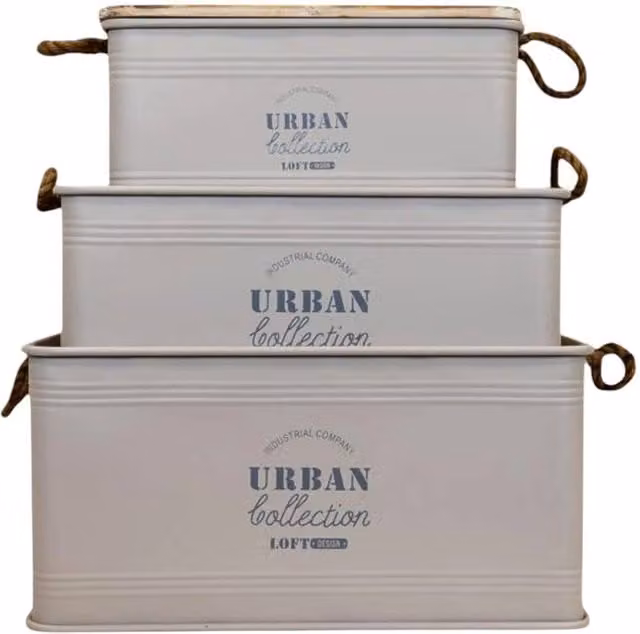 Four Candle Set of 3 Stackable Rectangular Metal Storage Containers in Beige and White – 1