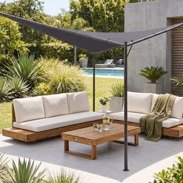 Wyld and Coco Curved Modern Pergola in Dark Grey Polyester and Steel, W/D/H: 300 x 300 x 300 cm