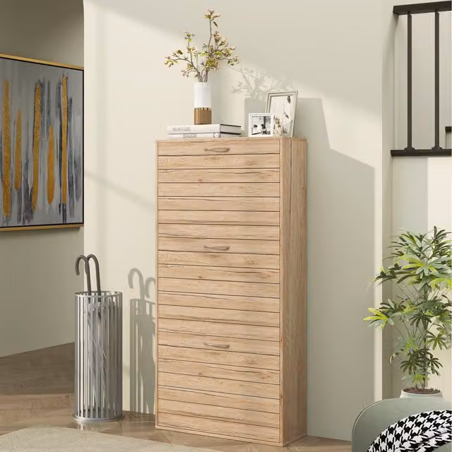 HOMCOM Modern Oak Shoe Cabinet with 3 Tilting Compartments for 12 Pairs of Shoes