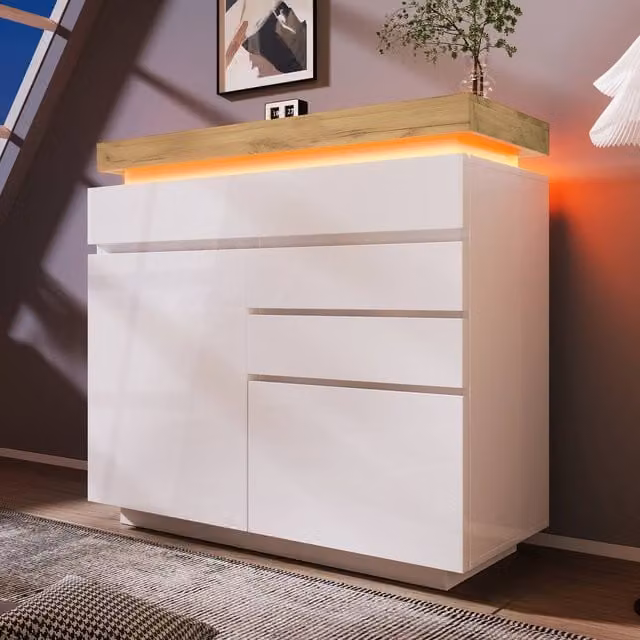Fascinate High-Gloss White App-Controlled RGB LED Chest of Drawers and Sideboard