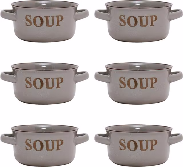 Dibor Set of 6 Classic Peppered Grey Ceramic Soup Bowls with Handles, Dia: 13.4 cm, H: 7 cm – 1