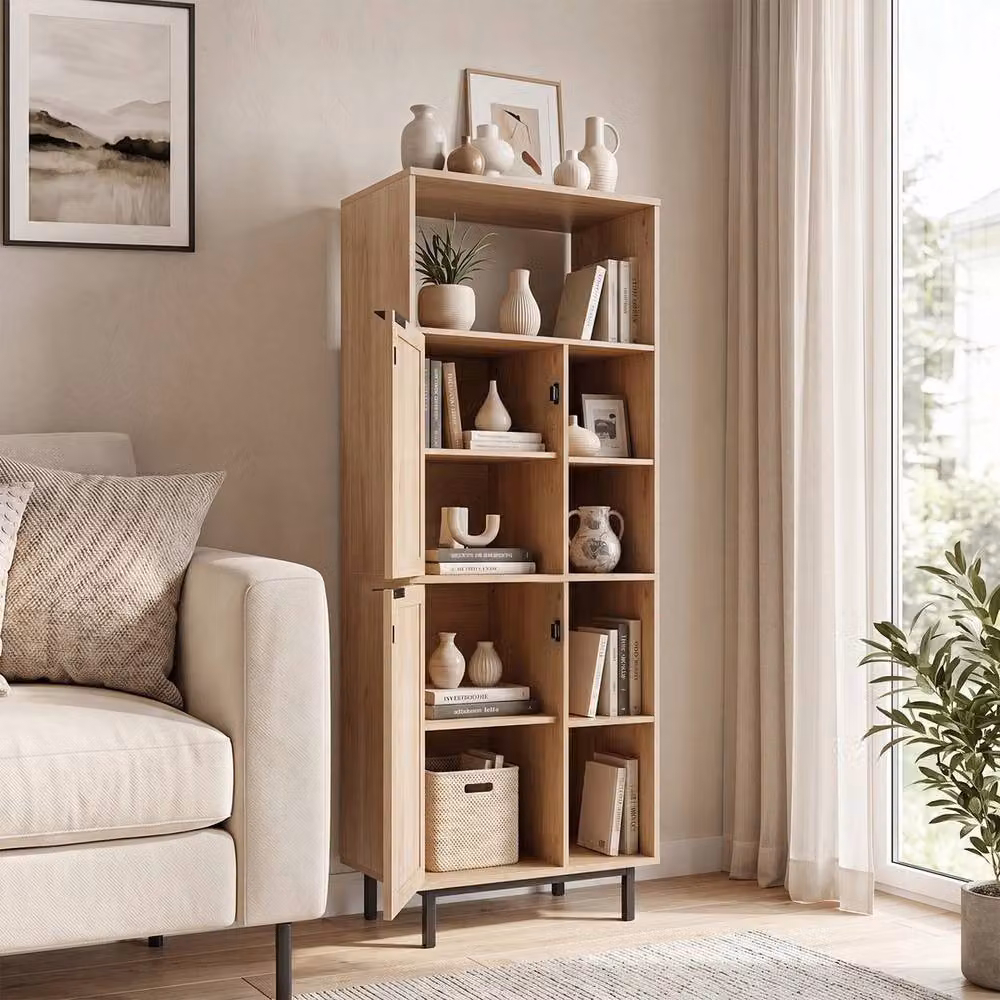 NESTLUNE Boho Kitchen Floor Cabinet with Rattan Hinged Doors and Adjustable Shelves in Brown and Beige, W/D/H: 100 x 15 x 15 cm – 3