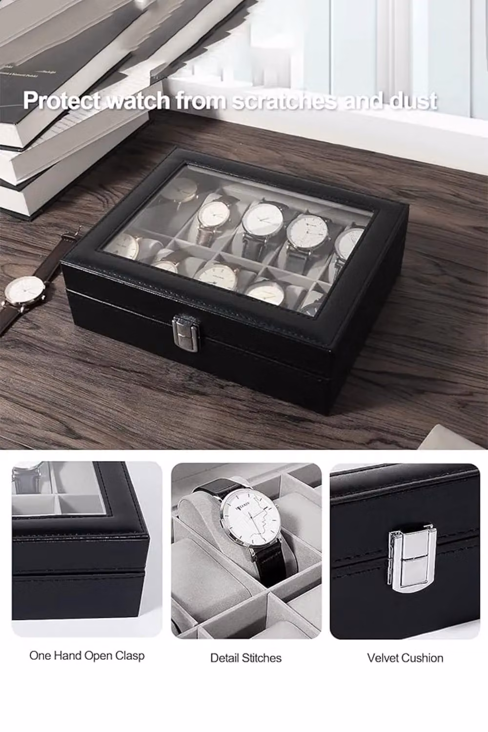 Living and Home Faux Leather Watch Storage Box with 10 Slots, Black, W: 25.5 cm, H: 8.0 cm – 3