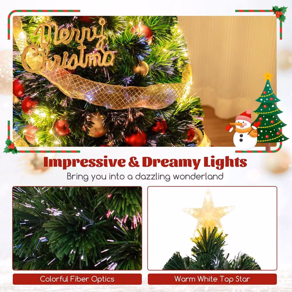 Costway 5 FT Pre-Lit Optical Fiber Artificial Christmas Tree in Green with Multicolour Warm White Lights – 6