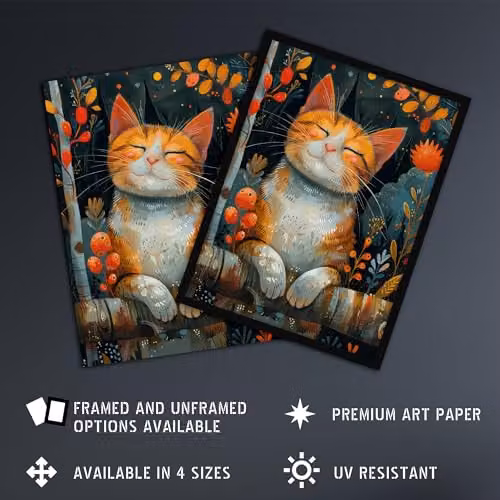 Artery8 Happy Ginger Tabby in Nature Framed Wall Art Print, Multicolour, W: 21.0 cm, H: 29.7 cm – 2
