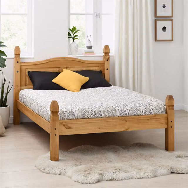 Seconique Corona Double Low Foot End Bed in Brown Distressed Waxed Solid Pine, W/D/H: 140 x 200 cm