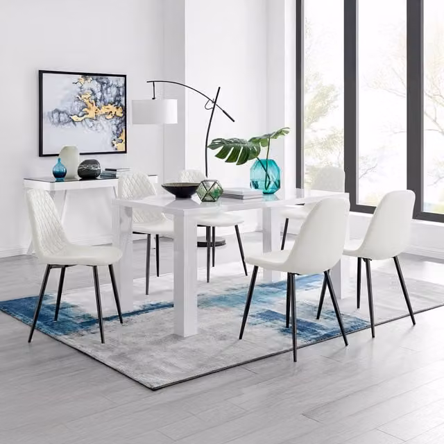 FurnitureboxUK Pivero White Glossy Rectangular Dining Table with 6 Corona Black Leg Chairs