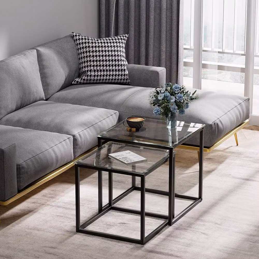 Huhote Set of 2 Modern Nesting Side Tables with Black Matt Metal Frame and Glass Tops – 3