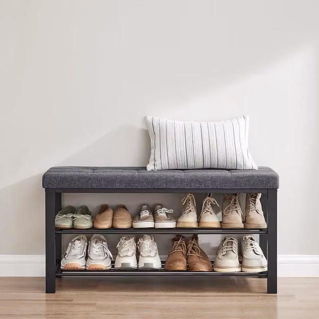 SONGMICS Modern Upholstered Shoe Bench and 3-Tier Shoe Rack in Grey and Black