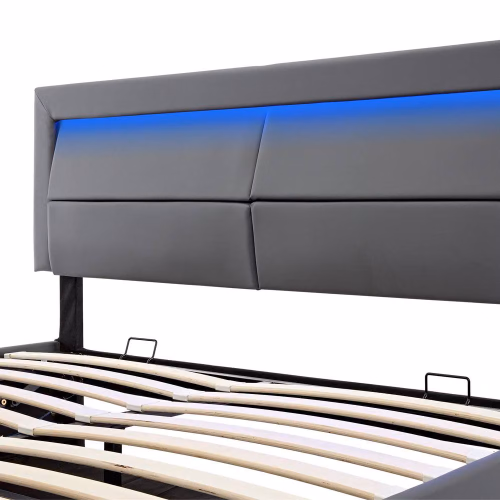 STILVORA Grey Upholstered Double Bed with USB Charging Ports, LED Lighting and Lift-Up Storage Base, W: 135 cm, L: 190 cm – 5