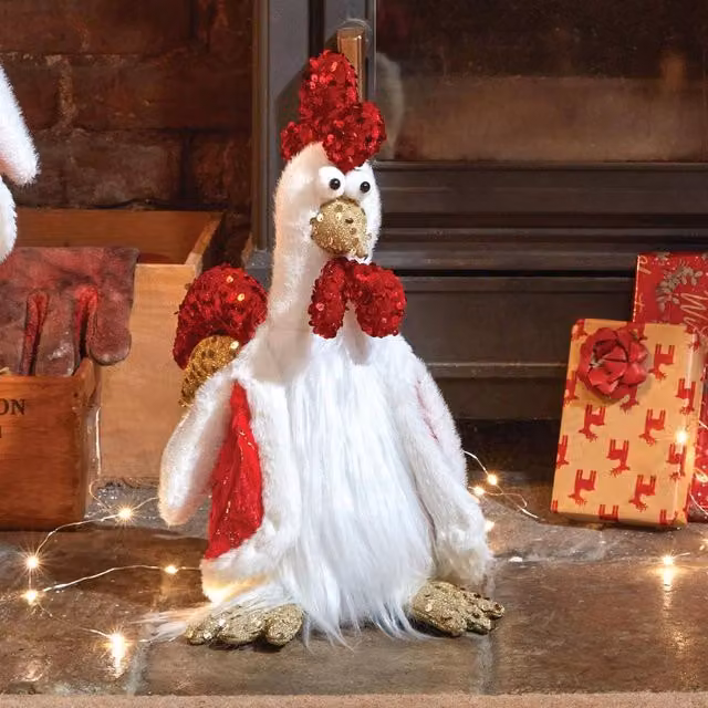 mysmartbuy Romeo Cluck Large White Festive Chicken Ornament with Rustic Textile Details, Height: 46 cm