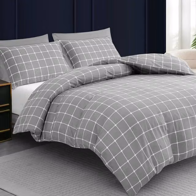 Lazzaro Home Double Reversible Checked Microfibre Duvet Cover and Pillowcase Set in Grey