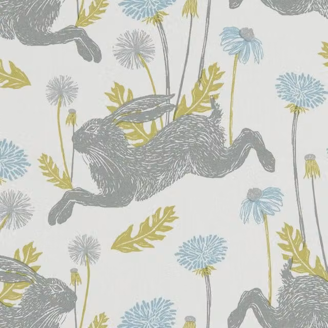 Clarke & Clarke March Hare Floral Cotton Fabric in Beige, Blue and White