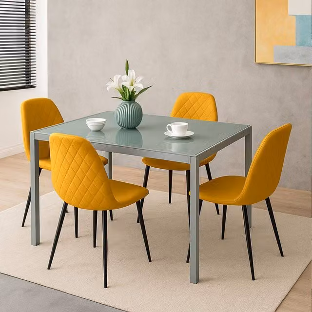 KOSY KOALA Modern Grey Glass Dining Table Set with 4 Mustard Faux Leather Chairs, W/D/H: 120 x 70 x 75 cm