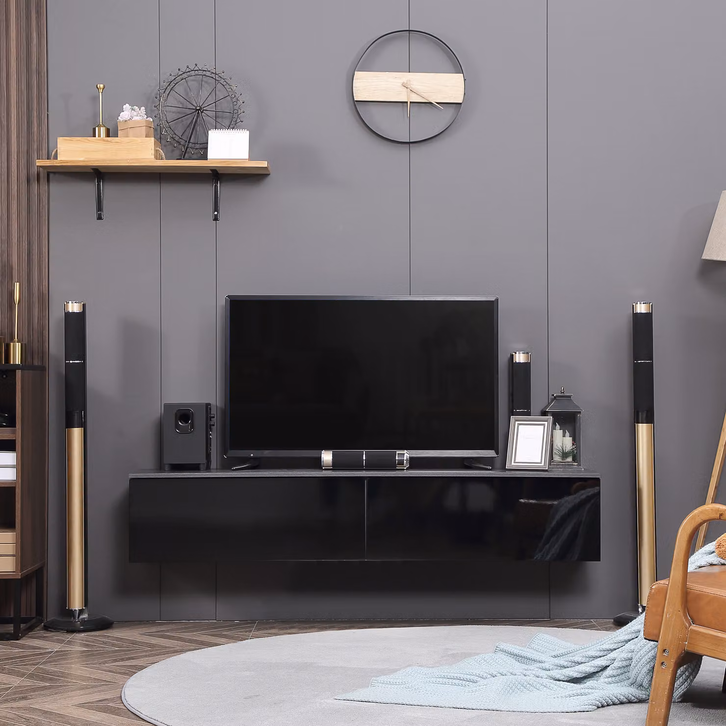 HOMCOM Wall Mounted Floating TV Unit Stand with High Gloss Effect and Storage Cupboards, Grey and Black – 6