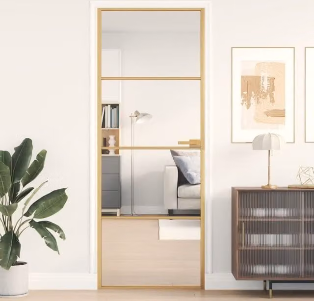 Berkfield Modern Slim Interior Door in Gold and Black with Tempered Glass and Aluminium, W: 76 cm, H: 201.5 cm