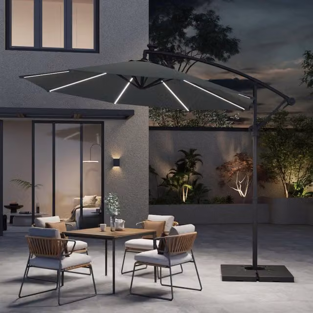 Breeins Cantilever Parasol with Lights and Fillable Base in Dark Grey