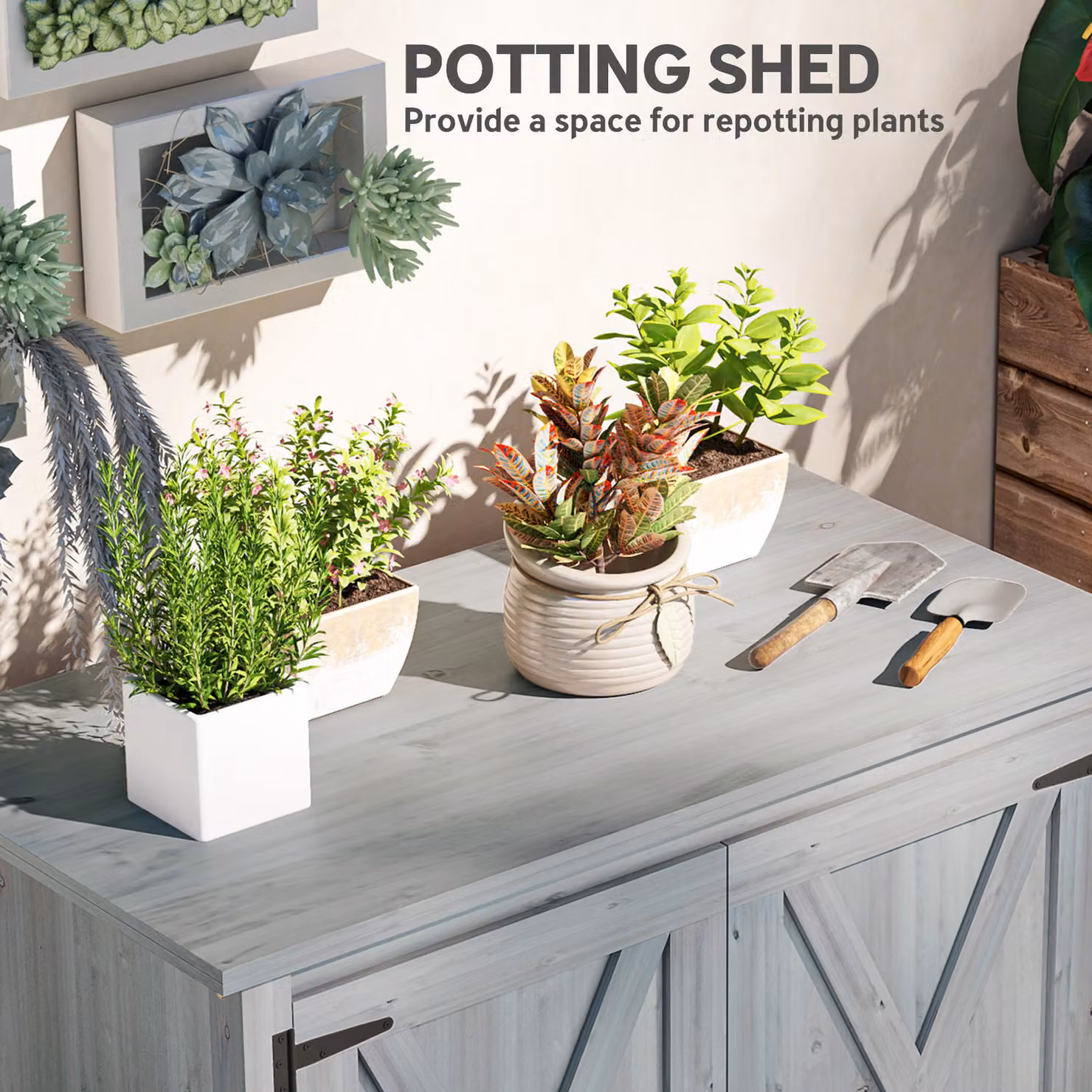 Outsunny Grey Wooden Garden Storage Shed with Shelving and Double Doors, W/D/H: 110.0 x 58.0 x 88.5 cm – 4