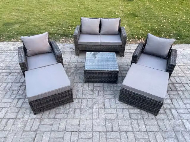 Fimous 6 Seater Rattan Outdoor Garden Furniture Set with Table, Chairs and 2 Large Footstools in Dark Grey Mixed