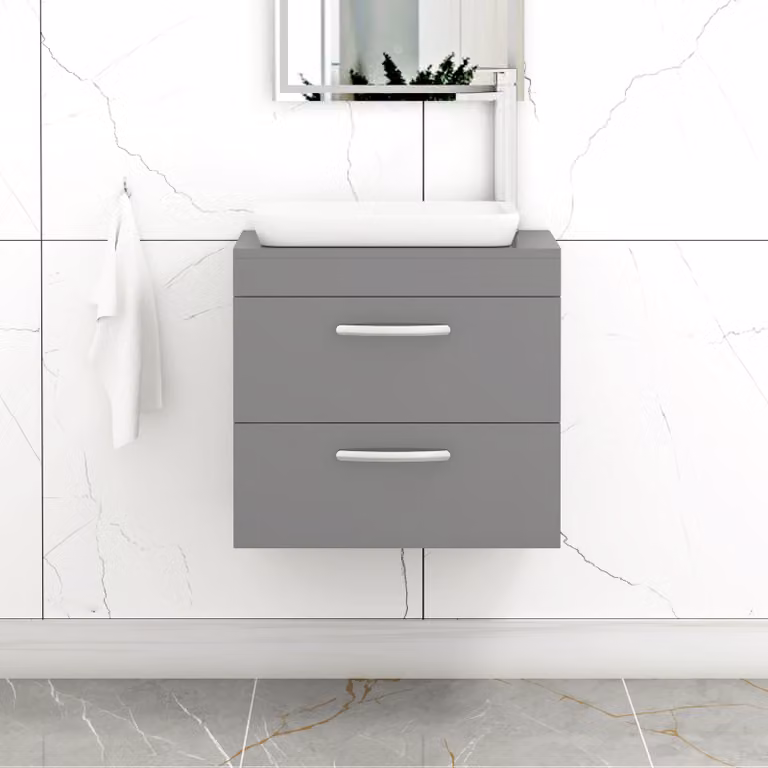 Royal Bathrooms Turin 500mm Wall Hung Vanity Unit with 2 Drawers and Countertop Basin in Indigo Grey Gloss