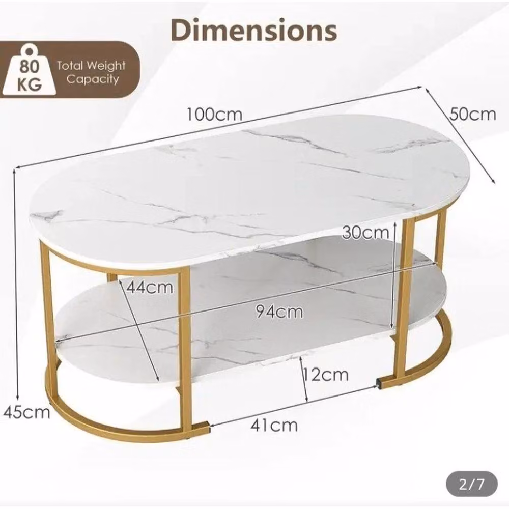 KORVIXA Modern Oval Coffee Table with White Glossy Faux Marble Top, W/D/H: 100 x 100 x 45 cm – 2