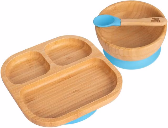 Tiny Dining Blue Bamboo and Silicone Childrens Suction Dinner Set