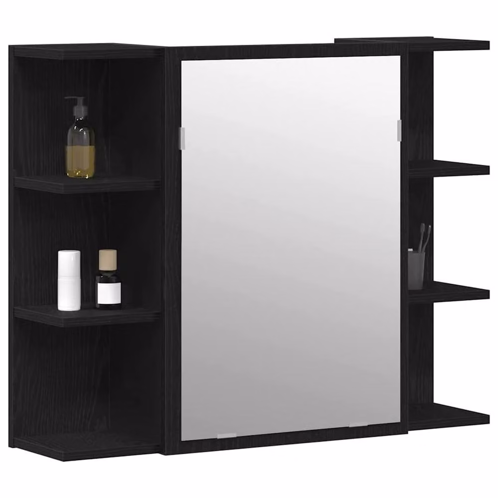 Berkfield Home Compact Black Oak Solid Wood Bathroom Mirror Cabinet with Hinged Doors and Open Shelf – 3